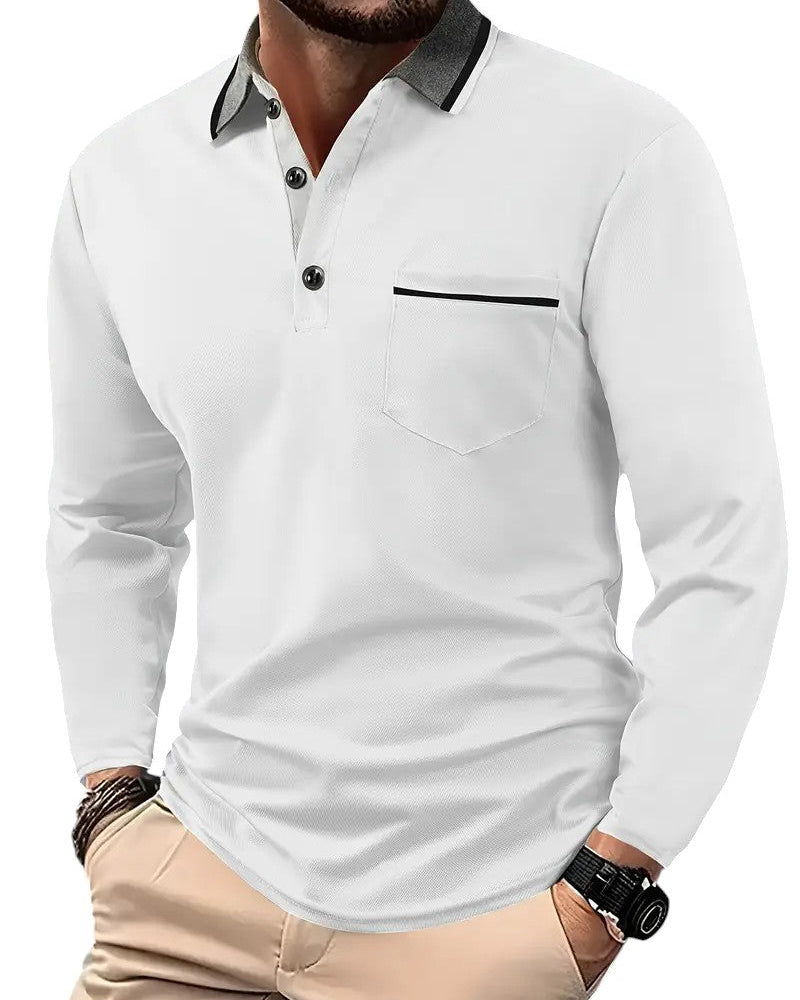 Polo à manches longues en coton mélangé pour homme, col structuré et coutures contrastées