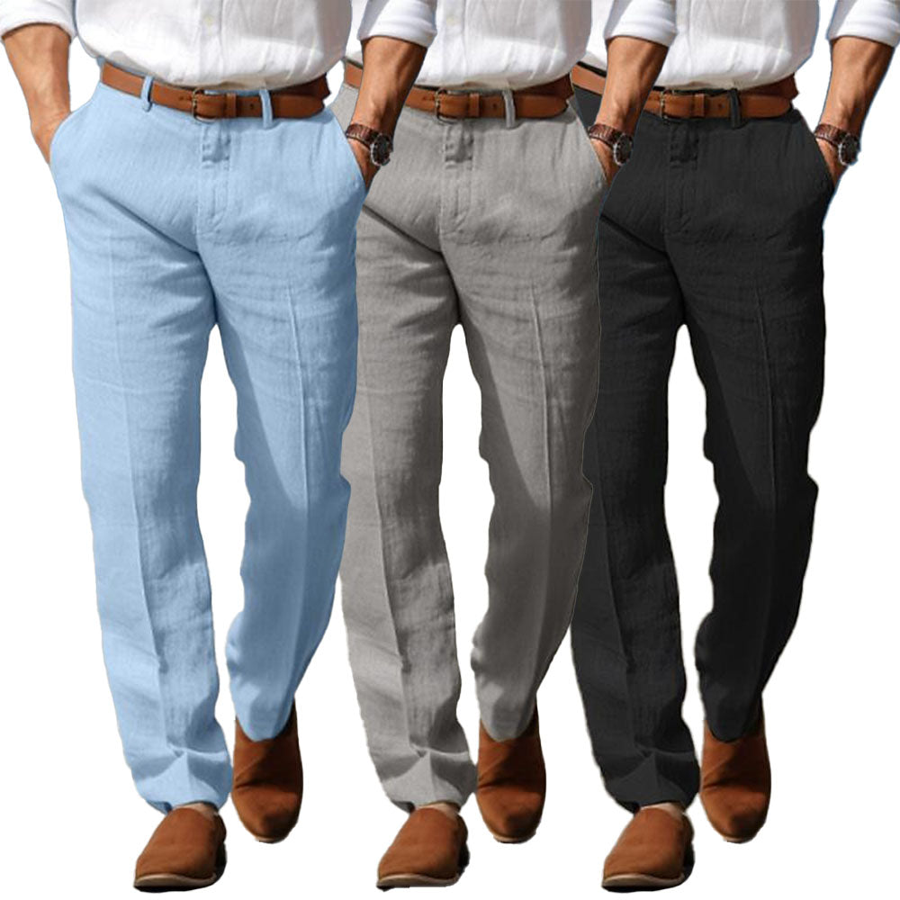 Pantalon en lin pour homme avec passants de ceinture, coupe élégante et décontractée