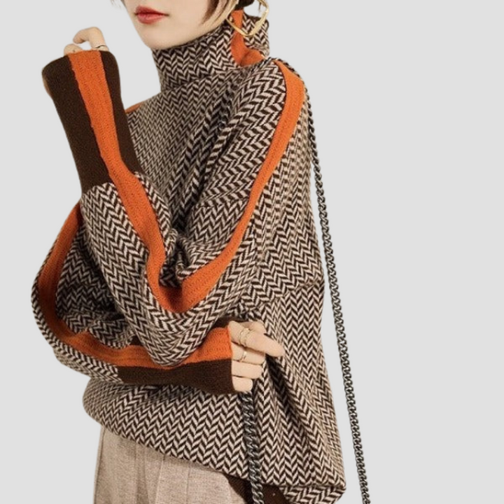 Damen Rollkragenpullover | Kontraststreifen an Ärmeln | Elegant & Vielseitig für Alltag und Freizeit