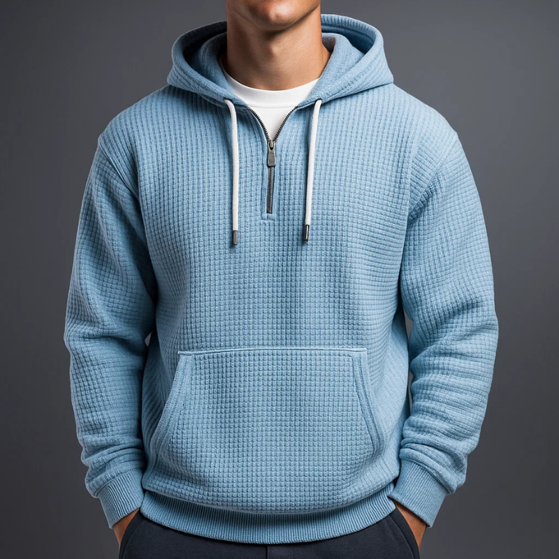 Sweat à capuche pour homme en maille waffle avec fermeture demi-zip et ourlet côtelé
