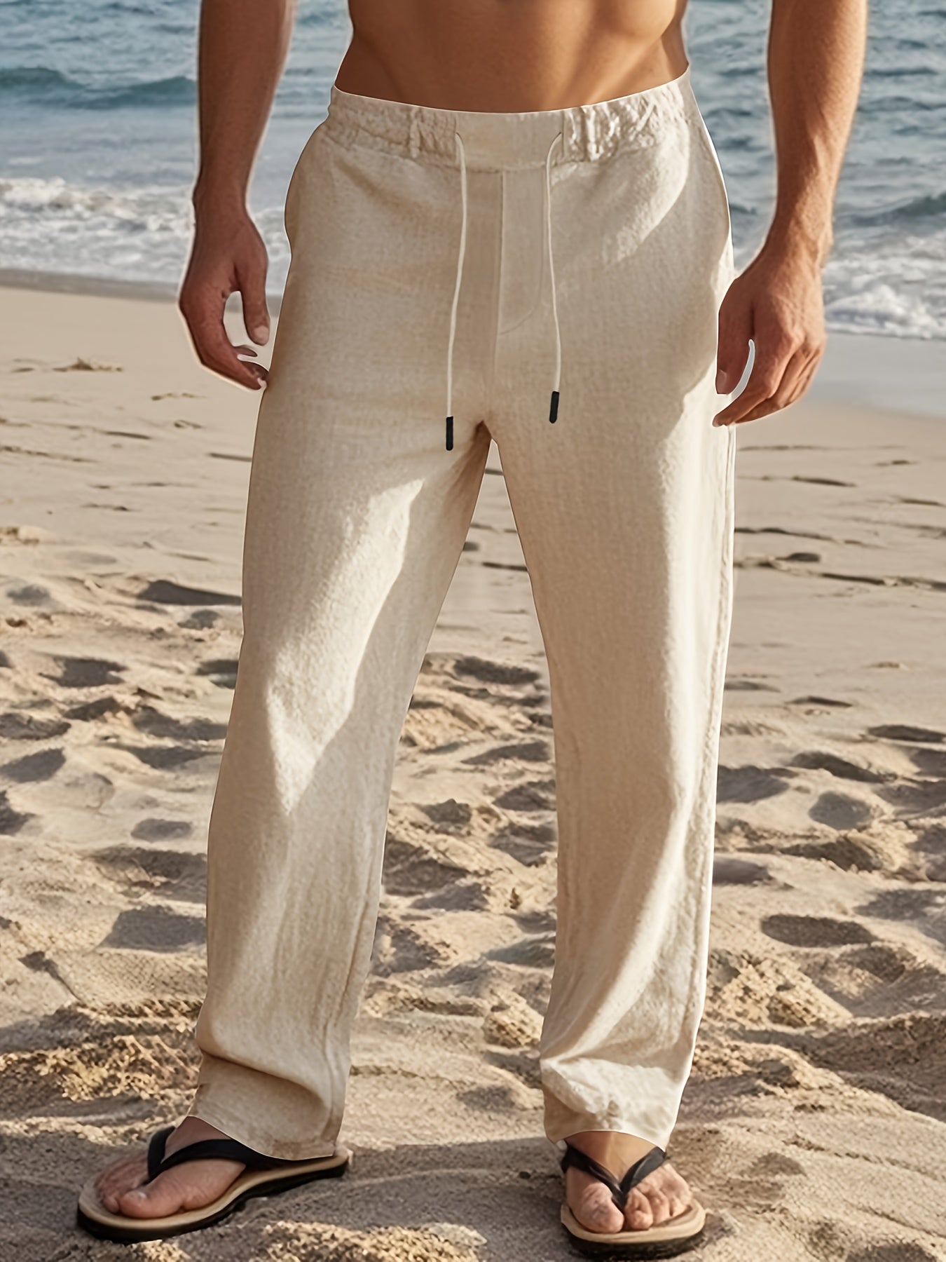 Pantalon en lin pour homme à coupe ample et taille ajustable par cordon