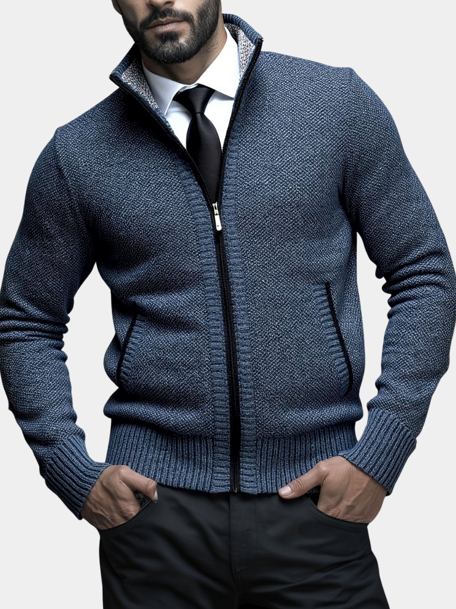 Gilet zippé pour homme en maille structurée, coupe slim fit avec bords en côtes