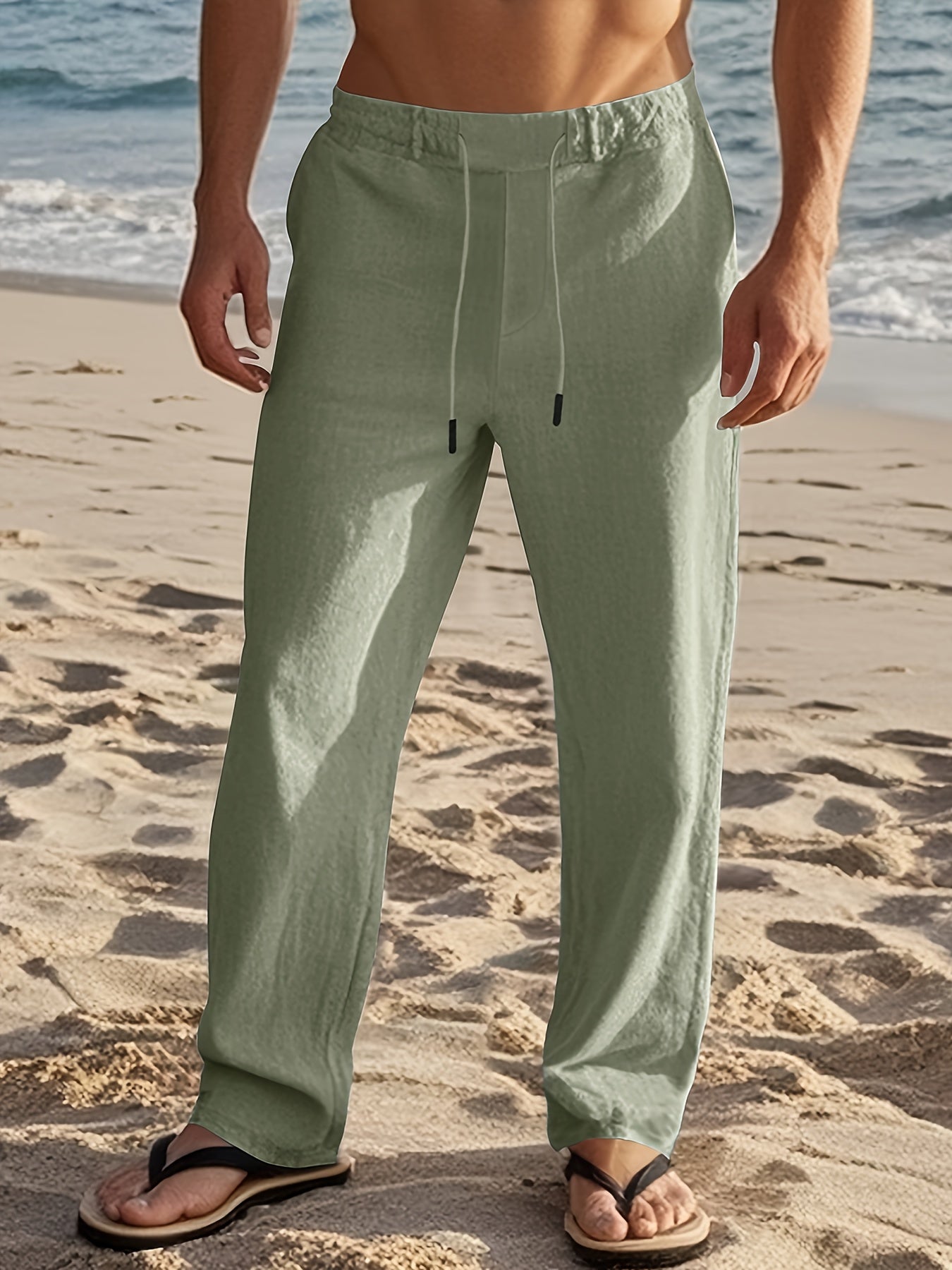 Pantalon en lin pour homme à coupe ample et taille ajustable par cordon