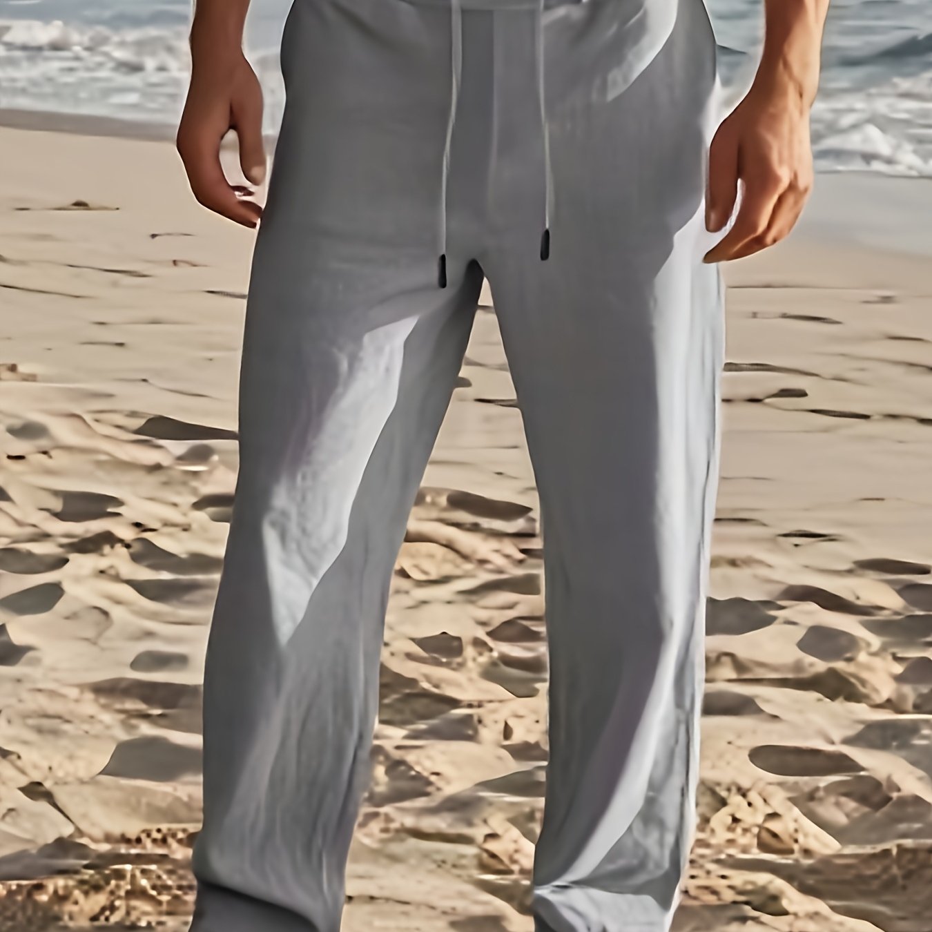 Pantalon en lin pour homme à coupe ample et taille ajustable par cordon