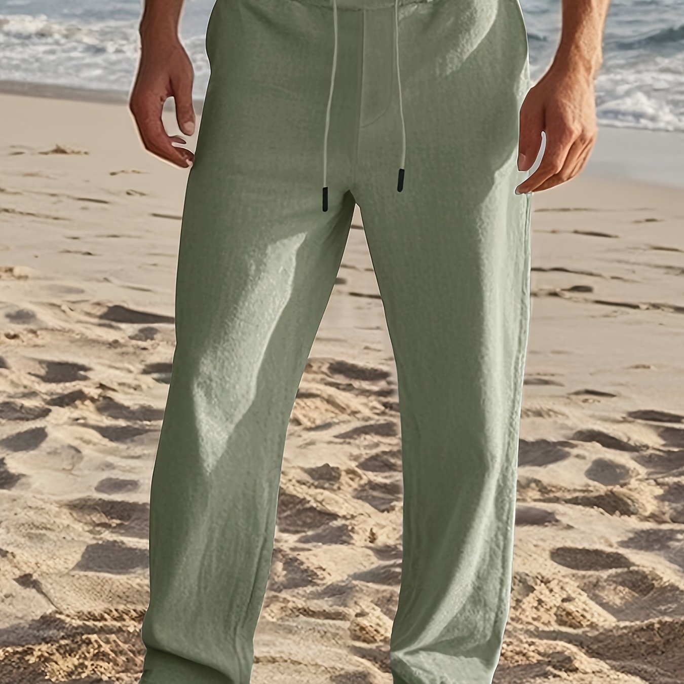 Pantalon en lin pour homme à coupe ample et taille ajustable par cordon