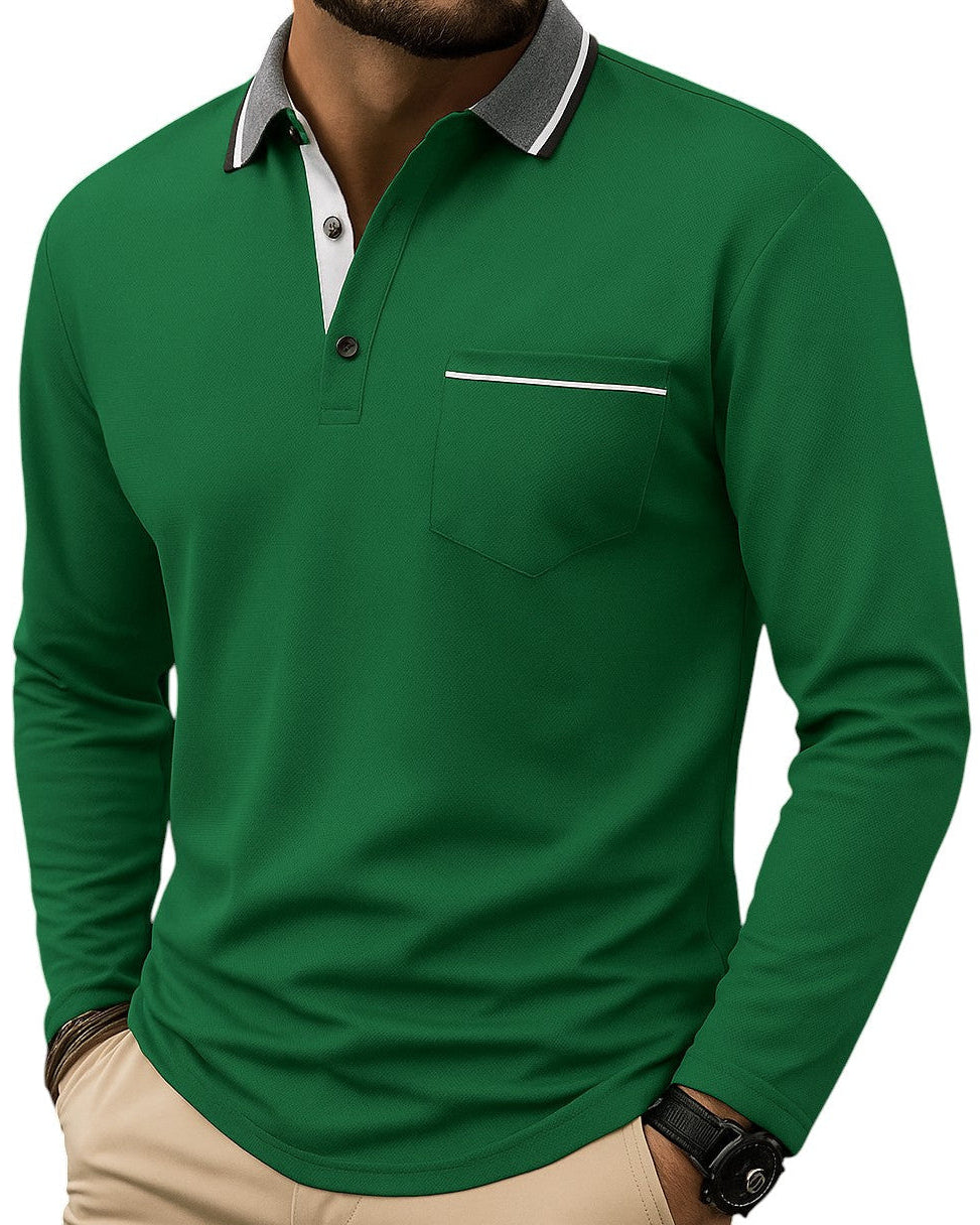 Polo à manches longues en coton mélangé pour homme, col structuré et coutures contrastées