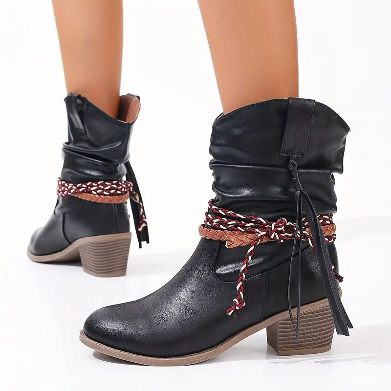 Damen Western Stiefel | Stylische Cowboy Boots Mit Absatz | Bequeme Lederoptik Stiefeletten