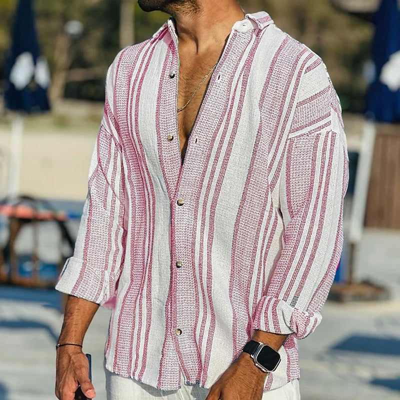 Chemise en lin rayée pour homme à fines rayures, coupe élégante et respirante