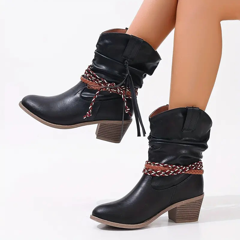 Damen Western Stiefel | Stylische Cowboy Boots Mit Absatz | Bequeme Lederoptik Stiefeletten