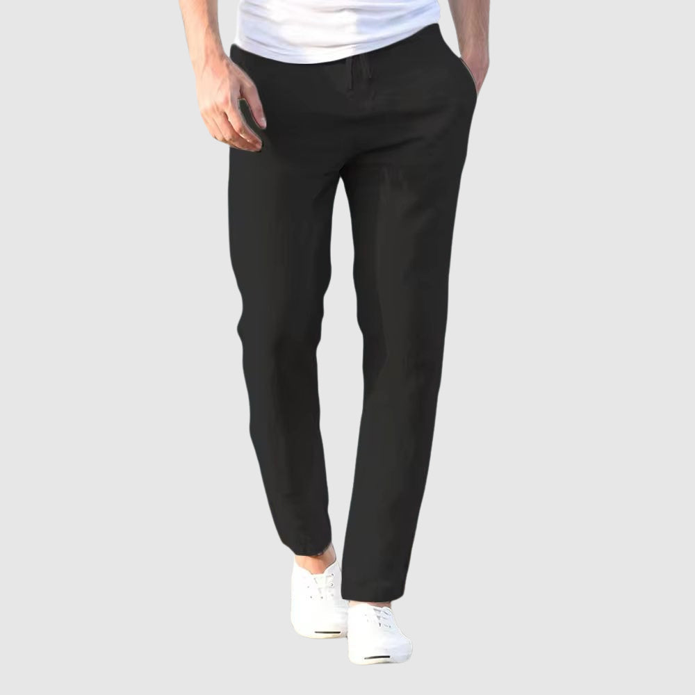 Pantalon léger en lin et coton pour homme, coupe décontractée avec taille à cordon