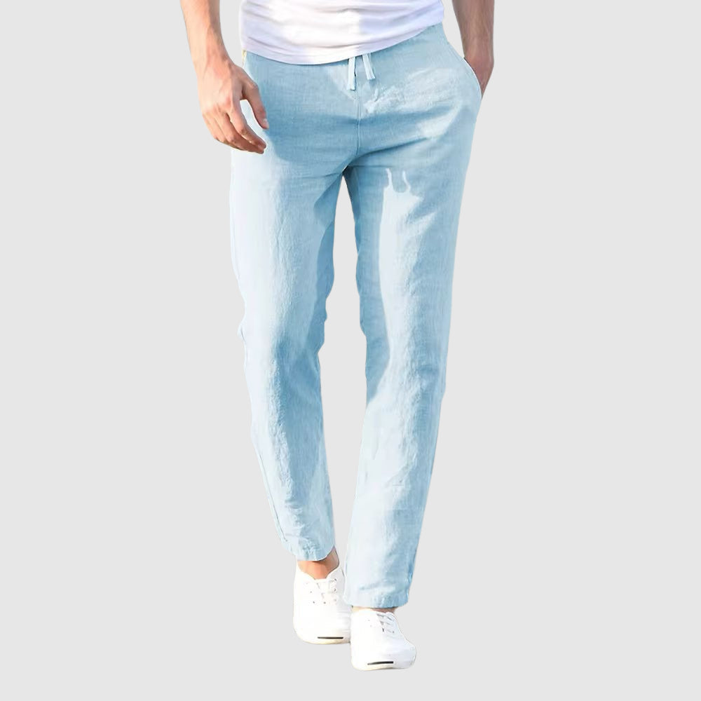 Pantalon léger en lin et coton pour homme, coupe décontractée avec taille à cordon