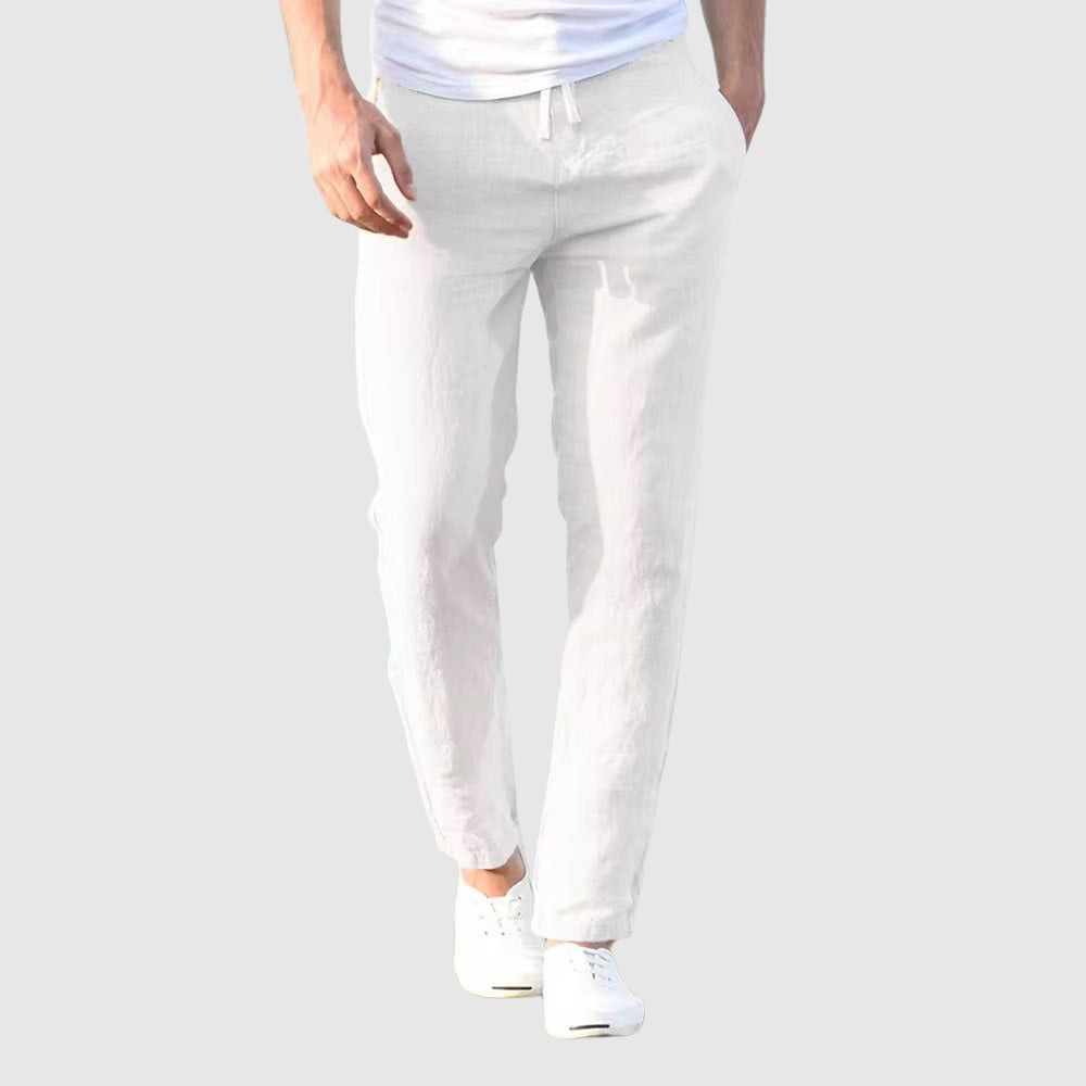 Pantalon léger en lin et coton pour homme, coupe décontractée avec taille à cordon
