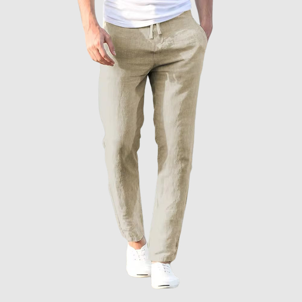 Pantalon léger en lin et coton pour homme, coupe décontractée avec taille à cordon