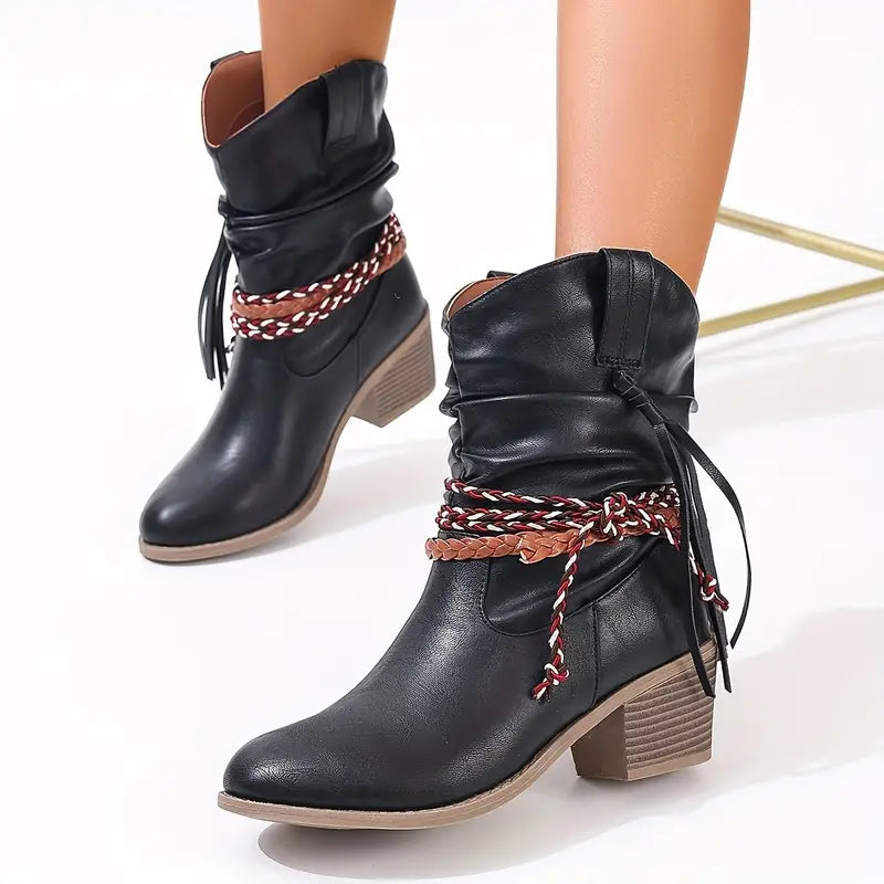 Damen Western Stiefel | Stylische Cowboy Boots Mit Absatz | Bequeme Lederoptik Stiefeletten