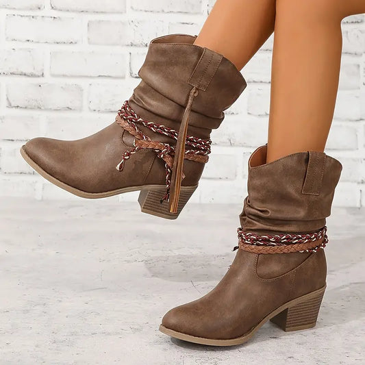 Damen Western Stiefel | Stylische Cowboy Boots Mit Absatz | Bequeme Lederoptik Stiefeletten