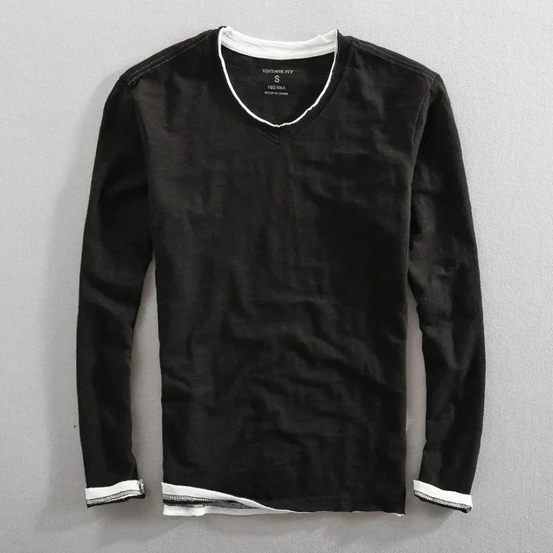 T-shirt homme à manches longues en coton avec col en V, coupe ajustée