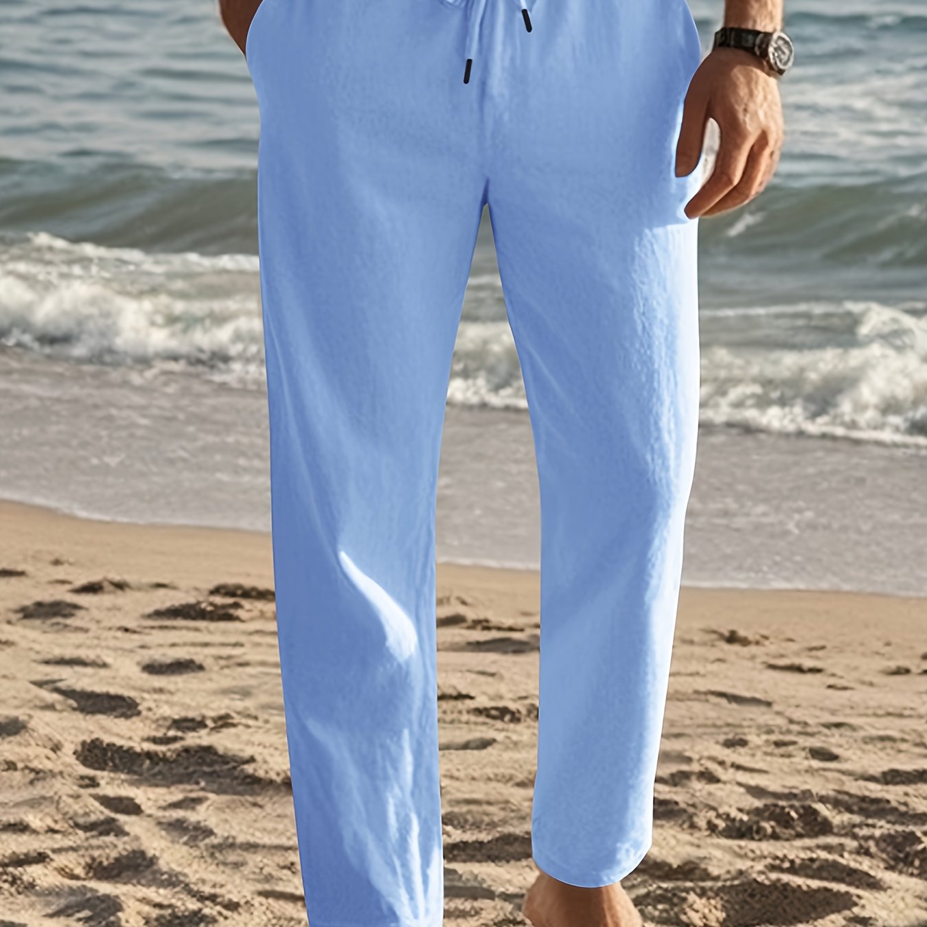 Pantalon en lin pour homme à coupe ample et taille ajustable par cordon