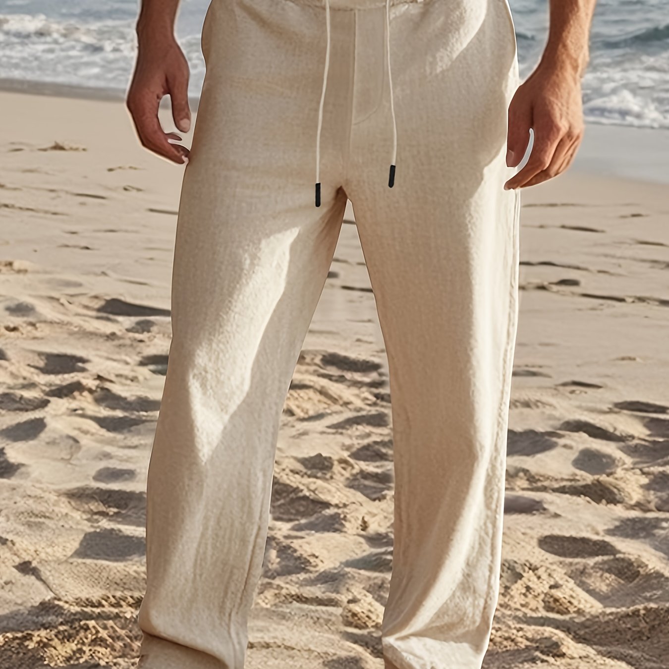 Pantalon en lin pour homme à coupe ample et taille ajustable par cordon