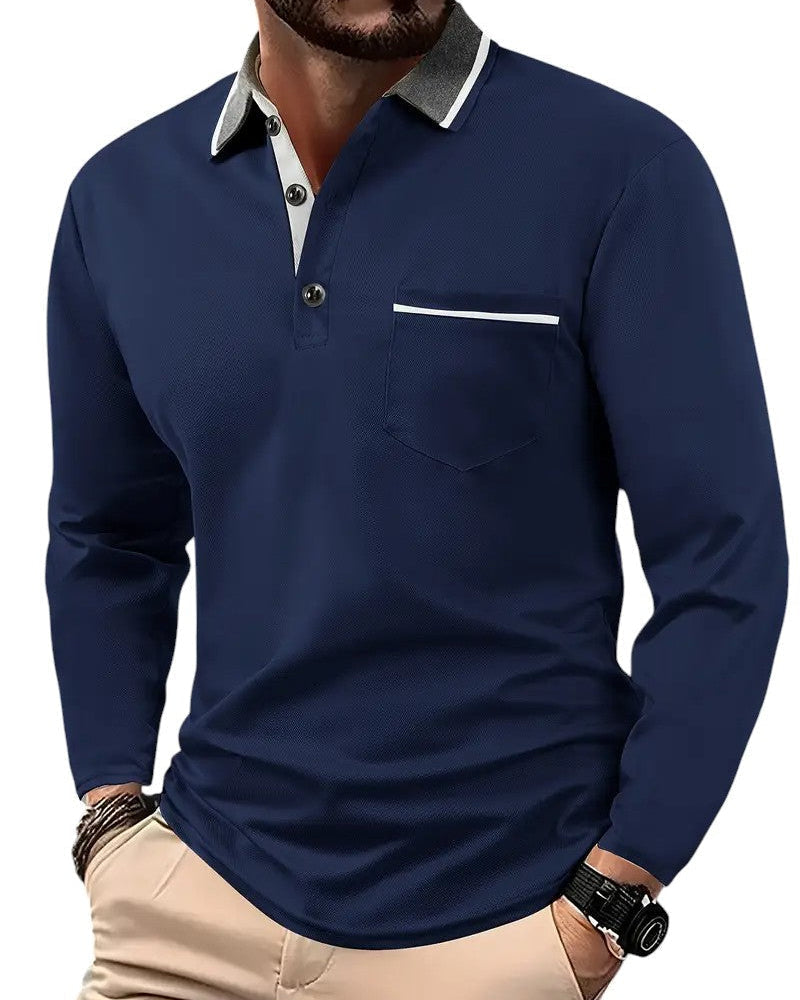 Polo à manches longues en coton mélangé pour homme, col structuré et coutures contrastées