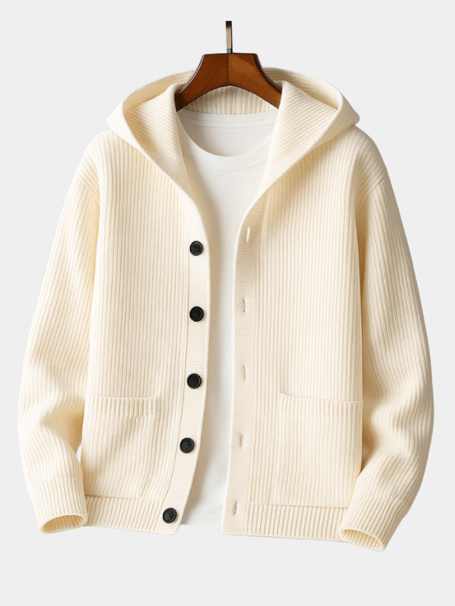Cardigan à capuche en laine pour homme avec ourlet et poignets côtelés