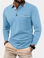 Polo à manches longues en coton mélangé pour homme, col structuré et coutures contrastées