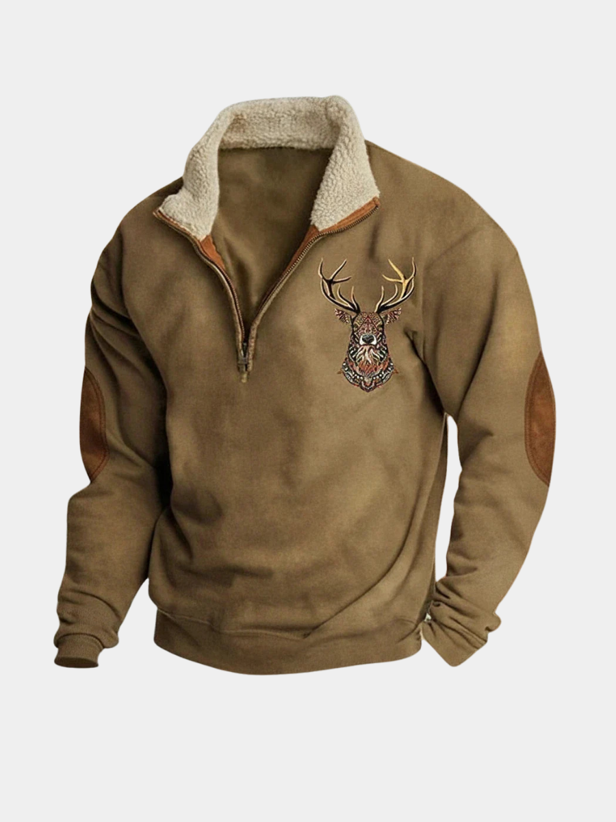 Pull half-zip pour homme doublé polaire avec motif cerf et col zippé