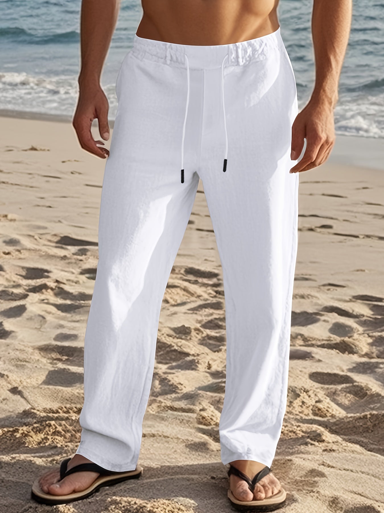 Pantalon en lin pour homme à coupe ample et taille ajustable par cordon