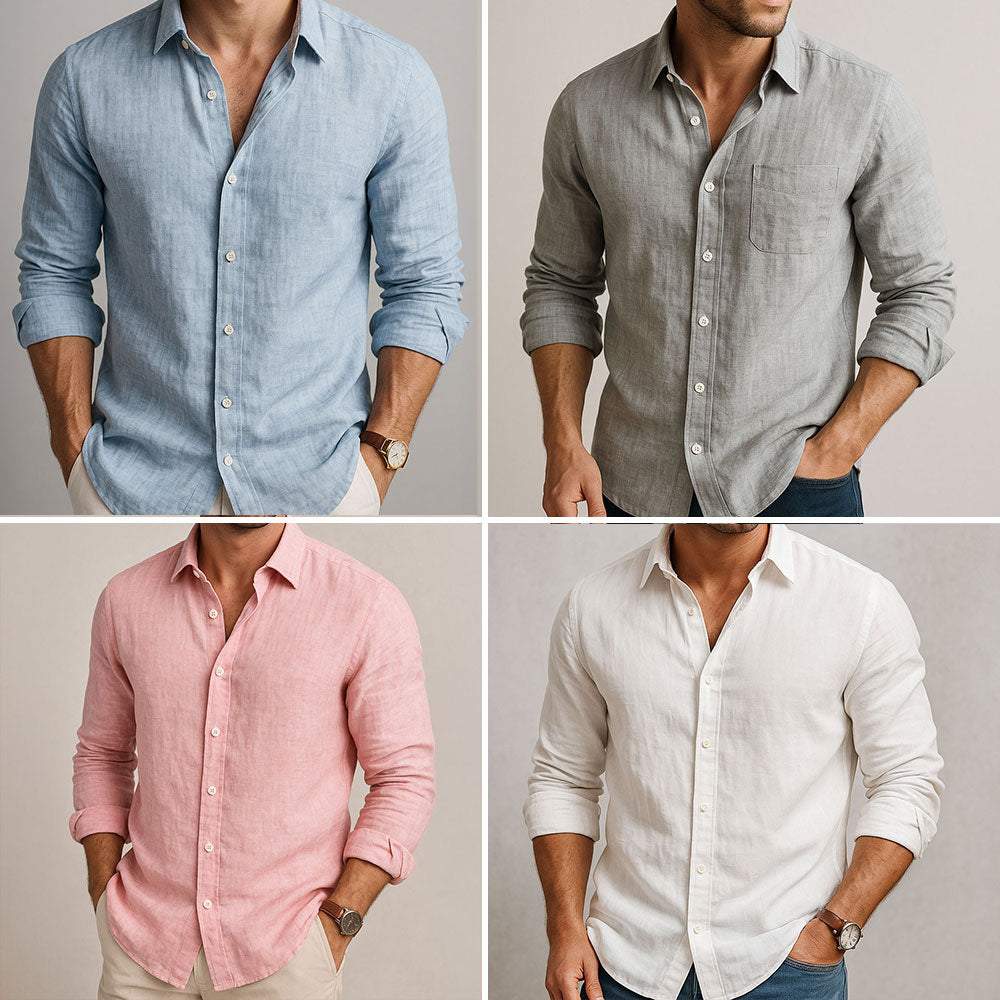 Chemise à boutons en lin et coton pour homme, coupe décontractée disponible en plusieurs couleurs