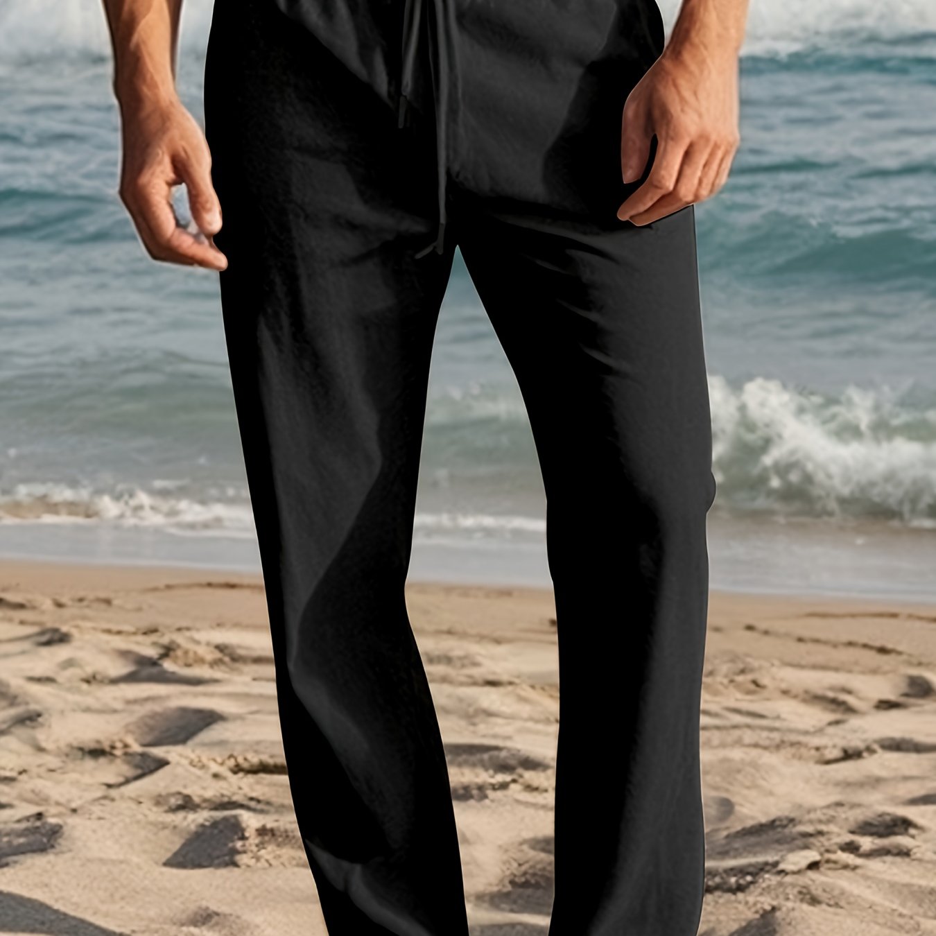 Pantalon en lin pour homme à coupe ample et taille ajustable par cordon