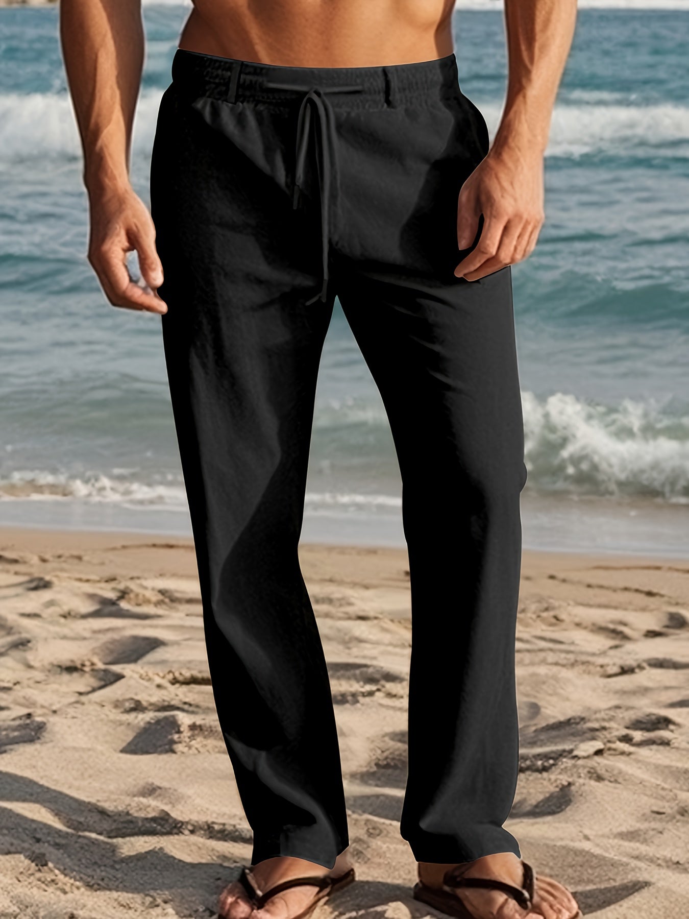 Pantalon en lin pour homme à coupe ample et taille ajustable par cordon