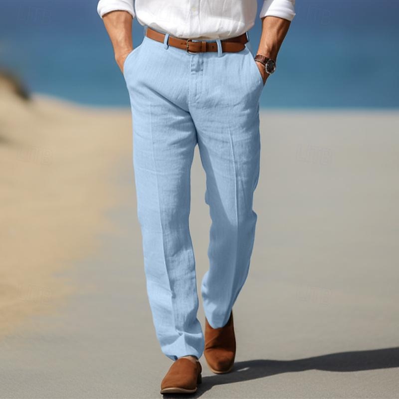 Pantalon en lin pour homme avec passants de ceinture, coupe élégante et décontractée