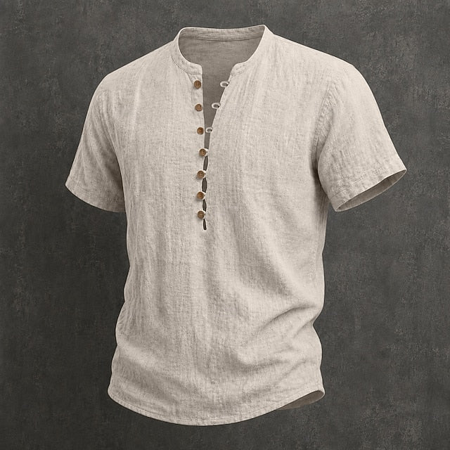 Chemise en lin pour homme à col mao, manches courtes et boutons en bois
